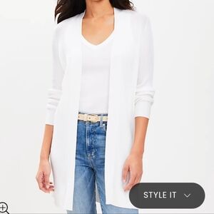 chicos white longline  knitt duster open front cardigan sz 2/L slit to Side